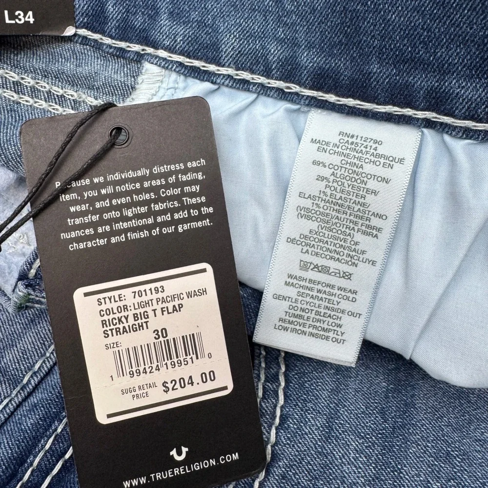 True Religion Ricky Big T Flap Jeans Mens 30 Light Pacific Wash New
